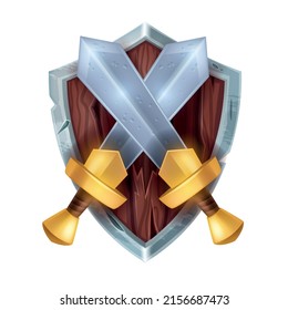 Icono de espada de juego, escudo de madera medieval vector, emblema de caballero guerrero, cuchilla de arma de metal plateado. Escudo de armas real militar, insignia de lucha de defensa aislada, símbolo de protección antiguo. Activo de la espada de juego