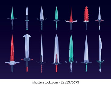 Game swords. Fantasy daggers battle broadsword for 3d gaming assets, magic steel blades characteristics for playing actions. Vector isolated set of sword game and adventure illustration