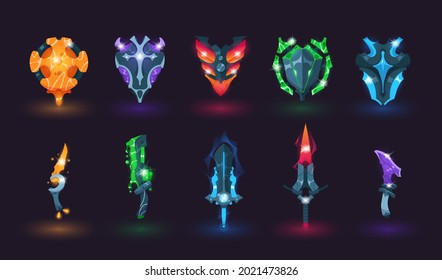 Game swords and shields. Cartoon various magic blades with fire or poison effects. Fairy tale armor for action mobile gaming. Shiny playing arms template. Vector isolated weapon set