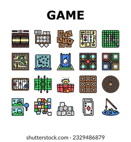 los iconos del tablero de juego de la tabla de juegos establecen el vector. familia doméstica, gente divertida, juntos niños, jóvenes felices, niños de madera, padre de la tarjeta, mesa de juego de jugadores jugar a tablero ilustraciones de la línea de color