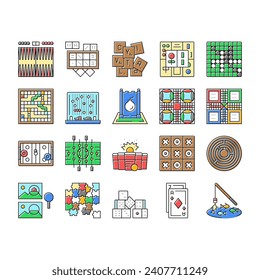 game table play board icons set vector. home family, people fun, together child, young happy, wooden kid, card father, gamer game table play board color line illustrations