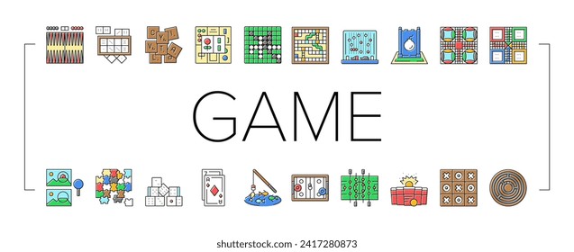 game table play board icons set vector. home family, people fun, together child, young happy, wooden kid, card father, gamer game table play board color line illustrations