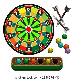 Game with a target, arrows and colored balls. Generalized game concept for training accuracy. Vector illustration