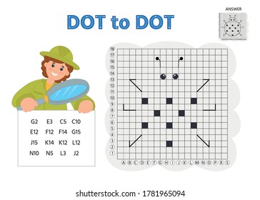 Game tasks for kids. Draw points by coordinates and connect them with lines. Insects. Preschool kids activity about learning counting number 1-10 and handwriting practice worksheet. 