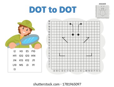 Game tasks for kids. Draw points by coordinates and connect them with lines. Insects. Preschool kids activity about learning counting number 1-10 and handwriting practice worksheet. 