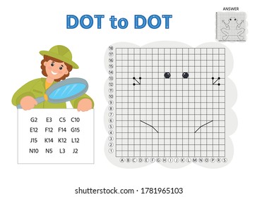 Game tasks for kids. Draw points by coordinates and connect them with lines. Insects. Preschool kids activity about learning counting number 1-10 and handwriting practice worksheet. 