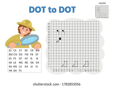 Game tasks for kids. Draw points by coordinates and connect them with lines. Insects. Preschool kids activity about learning counting number 1-10 and handwriting practice worksheet. 