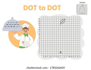 Game tasks for kids. Draw points by coordinates and connect them with lines. Cook. Preschool kids activity about learning counting number 1-18 and handwriting practice worksheet. 