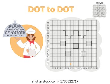 Game tasks for kids. Draw points by coordinates and connect them with lines. Cook. Preschool kids activity about learning counting number 1-18 and handwriting practice worksheet. 