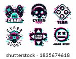 Game team emblem set. Glitch style vector signs. Virtual reality sport icons. Cyber punk illustration set.