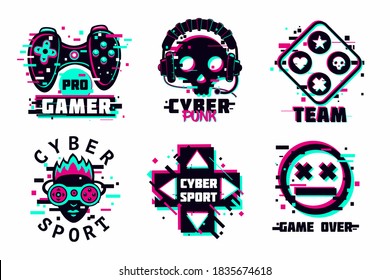 Juego de emblemas del equipo de juego. Signos vectoriales de estilo glitch. Iconos virtuales del deporte de realidad. Ilustración de ciberpunk.