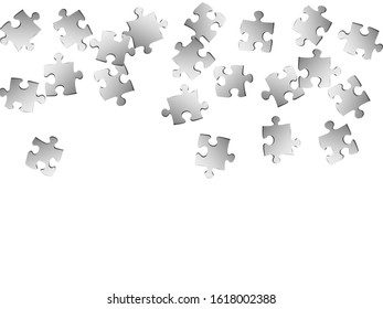 Game teaser jigsaw puzzle metallic silver parts vector illustration. Top view of puzzle pieces isolated on white. Problem solving abstract concept. Jigsaw gradient plugins.