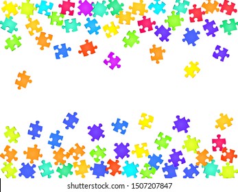 Game teaser jigsaw puzzle rainbow colors parts vector illustration. Top view of puzzle pieces isolated on white. Teamwork abstract concept. Jigsaw gradient plugins.