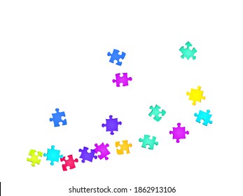 Game teaser jigsaw puzzle rainbow colors pieces vector background. Group of puzzle pieces isolated on white. Challenge abstract concept. Connection elements.