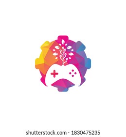 Game and tech tree gear shape concept logo design template. Gaming and leaf logo design template.	