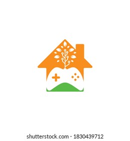 Game and tech tree house shape concept logo design template. Gaming and leaf logo design template.