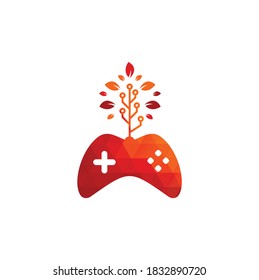 Game and tech tree logo design template. Gaming and leaf logo design template.	