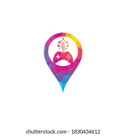 Game and tech tree map pin shape concept logo design template. Gaming and leaf logo design template.	
