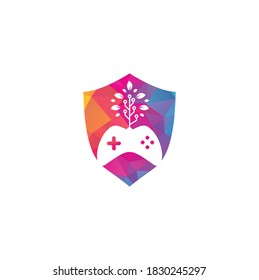 Game and tech tree shield shape concept logo design template. Gaming and leaf logo design template.