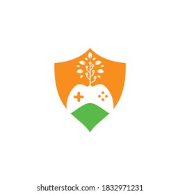 Game and tech tree shield shape concept logo design template. Gaming and leaf logo design template.