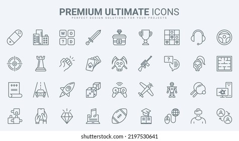 Game technology for computer and mobile phone thin line icons set vector illustration. Outline collection with virtual reality, arcade and sport, education and strategy desktop video game to play