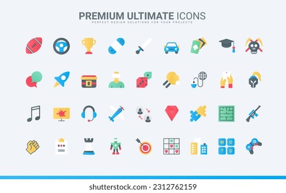 Game technology for computer and mobile phone trendy flat color icons with virtual reality, arcade, sport, education, and strategy desktop video game to play vector illustration