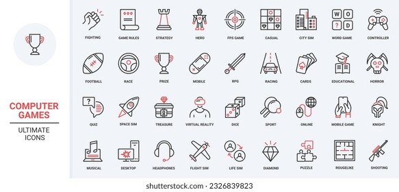 Game technology for computer and mobile phone trendy red black thin line icons set vector illustration. Virtual reality, arcade sport, education, strategy desktop video game to play