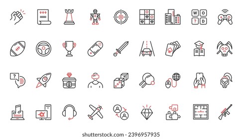 Game technology for computer and mobile phone trendy red black thin line icons set vector illustration. Virtual reality, arcade sport, education, strategy desktop video game to play