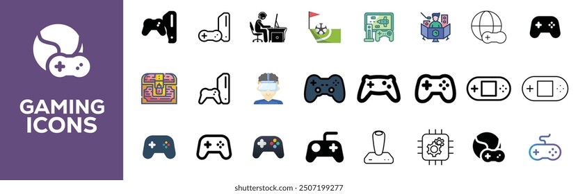 Game technology for computer and mobile phone trendy red black thin line icons set vector illustration. Virtual reality, arcade sport, education, strategy desktop video game to play