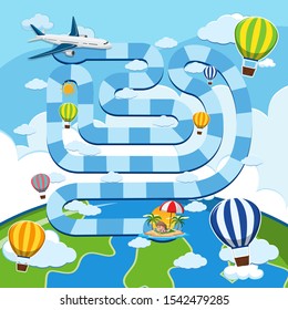 Game template with airplane and balloons in sky illustration
