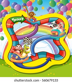 Game template with animals in racing car illustration