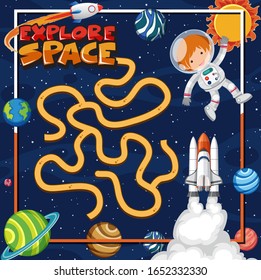 Plantilla de juego con astronauta y muchos planetas en ilustración de fondo