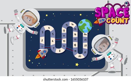 Game template with astronauts flying in space background illustration