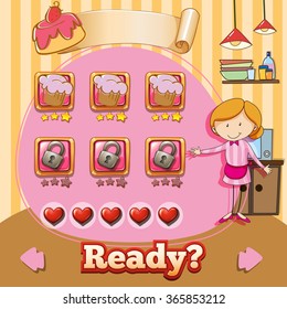 Game template with baker and cake background illustration