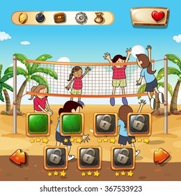 Plantilla de juego con ilustración de fondo de voleibol de playa