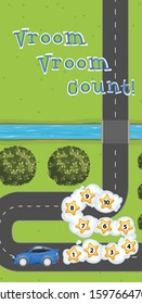 Game template with car and numbers on the road illustration