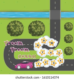 Game template with car and numbers on the road illustration