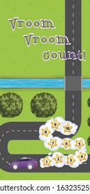 Game template with car and numbers on the road illustration