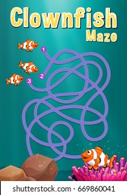 Game template with clownfish and coral reef illustration