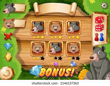 Game template design with bears in the woods illustration