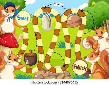 Game template design with squirrels in garden illustration