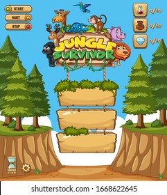 Game template design with trees in forest background illustration