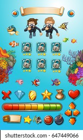 Game template with divers and sea animals illustration