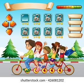 Game template with family riding bicycle illustration