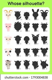 Game template find correct shadow. Matching game for children. Educational activity page for preschool years kids and toddlers. Set of cartoon animals. Colorful vector stock illustration.