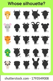 Game template find correct shadow. Matching game for children. Educational activity page for preschool years kids and toddlers. Set of cartoon animals. Colorful vector stock illustration.