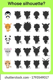 Game template find correct shadow. Matching game for children. Educational activity page for preschool years kids and toddlers. Set of cartoon animals. Colorful vector stock illustration.