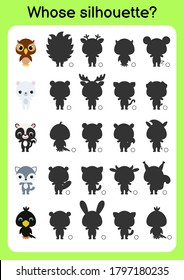 Game template find correct shadow. Matching game for children. Educational activity page for preschool years kids and toddlers. Set of cartoon animals. Colorful vector stock illustration.