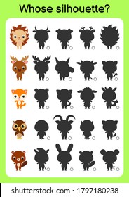 Game template find correct shadow. Matching game for children. Educational activity page for preschool years kids and toddlers. Set of cartoon animals. Colorful vector stock illustration.