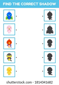 Game template find correct shadow. Matching game for children with cute cartoon animals. Kids activity page for book. Education developing worksheet. Logical thinking training. Vector illustration.